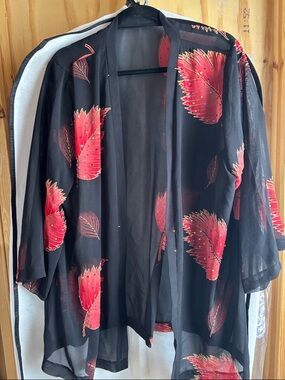 Black Sheer Open-Front Kimono Vest with Red Leaf Print